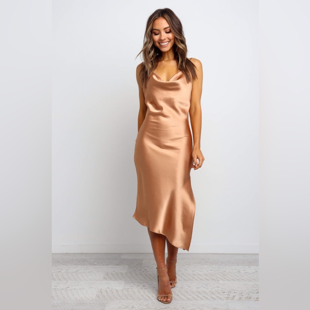 Petal & Pup Satin Cowl Neck Midi Dress in Champagne